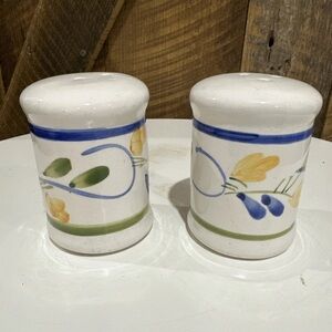 Vintage Yellow Blue Flower Leaves Salt and Pepper Shakers Ceramic MCM Kitchen